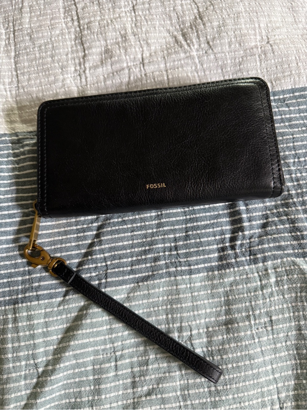 Fossil Black Leather Zip-Around Wristlet with Gold Hardware